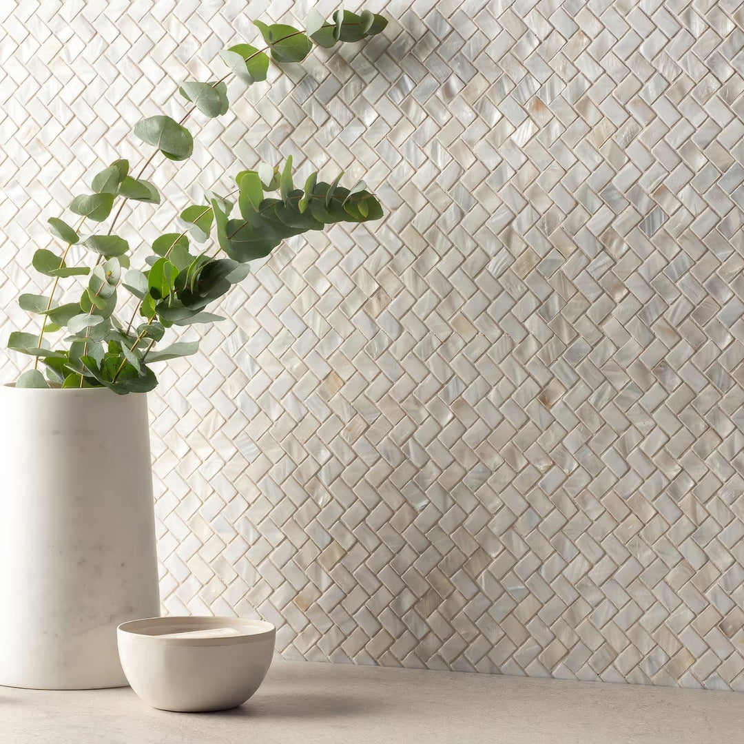 White Pearl Herringbone Shell Mosaic – Luxury Mother-of-Pearl Tiles for Elegant Interiors