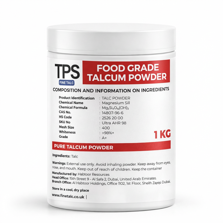 Container of TPS Food Grade Talcum Powder with label on a white background