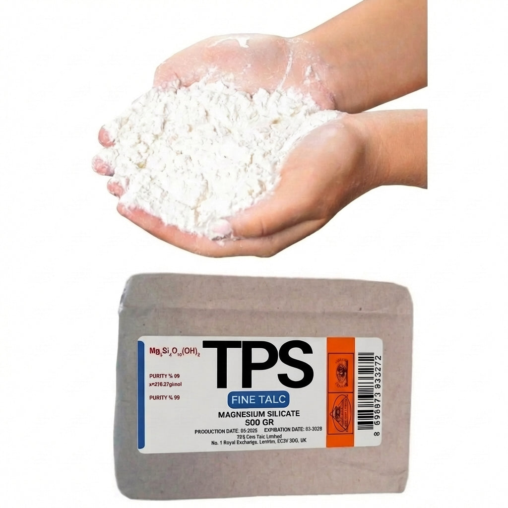 Hand holding white powder above a container labeled TPS Fine Talc on a white background