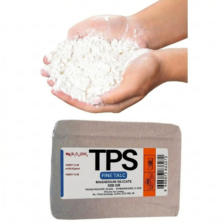 Hand holding white powder above a container labeled TPS Fine Talc on a white background