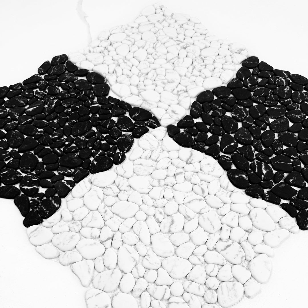 Serene Pebble Series White With Black Vein Semi-Matte Irregular Round Shape Artificial Pebble Stone Mosaic