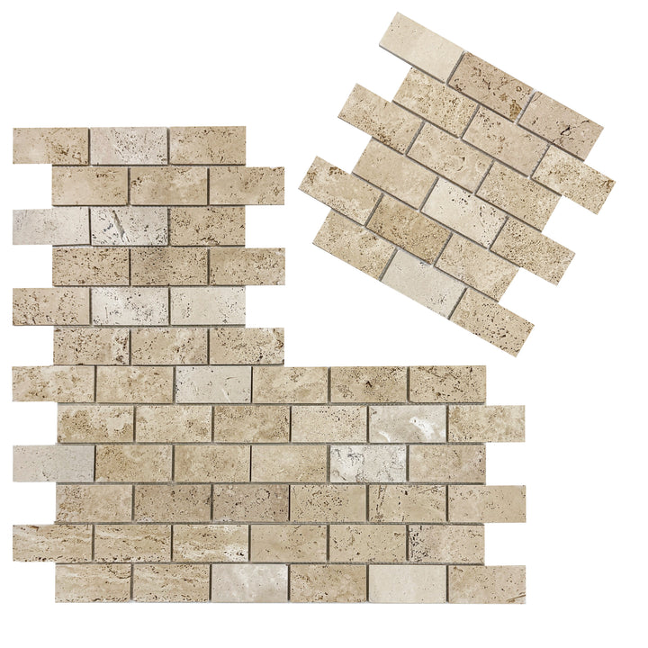 Beige Sandstone Light Beige  Honed Brickwork Pattern Rectangle Travertine Marble Mosaic