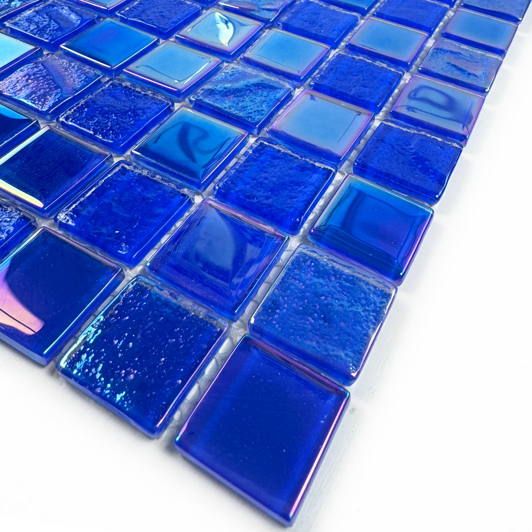 Lustre Flow Klein Blue Iridescent Mixed Wave Pattern Crystal Glass Mosaic