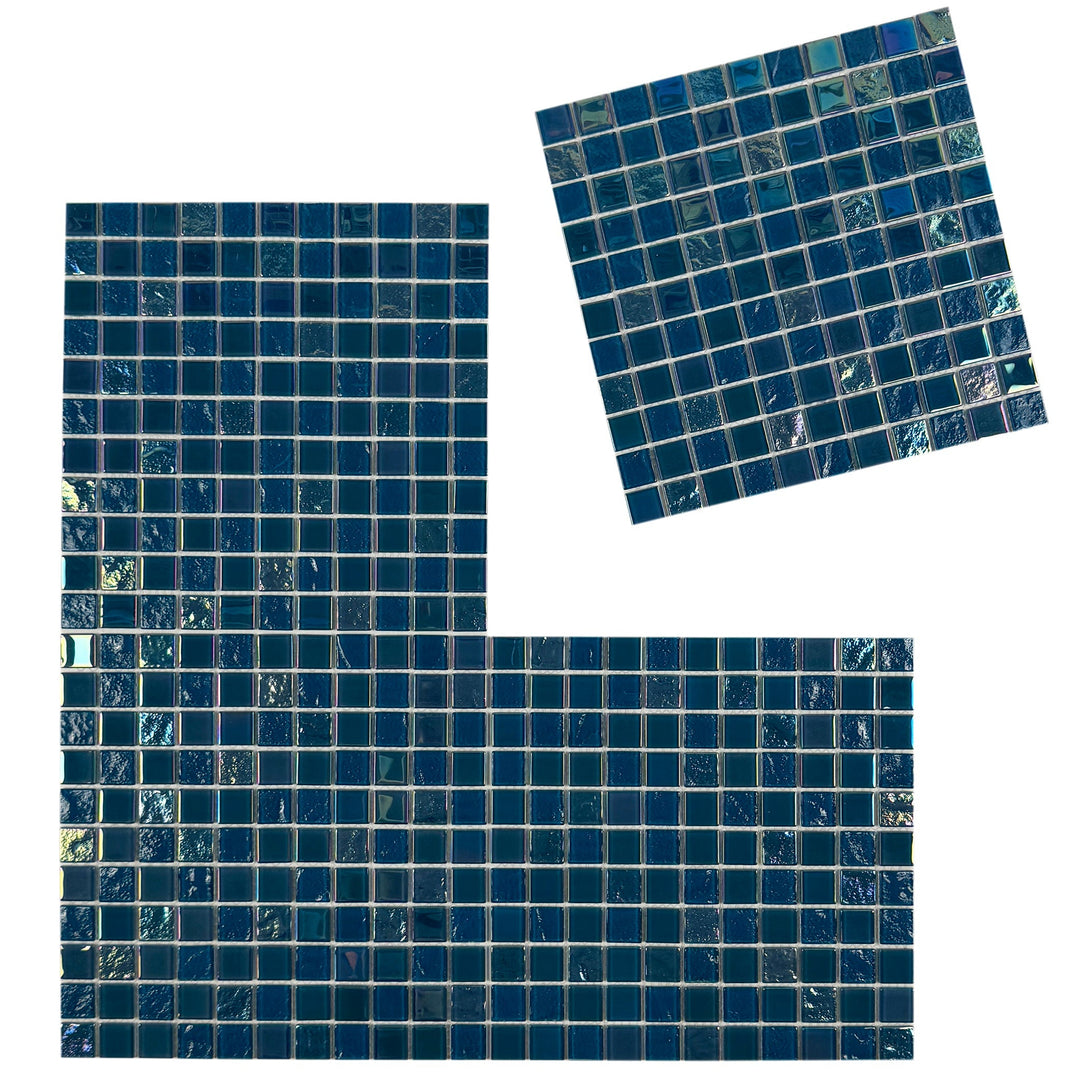 Lustre Flow Pine Green & Sapphire Blue Iridescent Mixed Wave Pattern Crystal Glass Mosaic