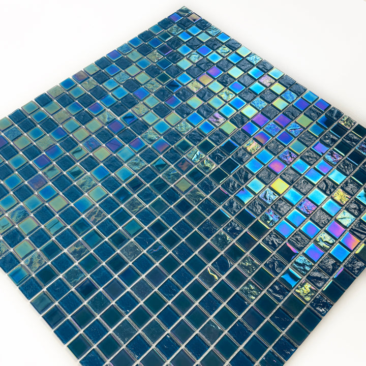 Lustre Flow Pine Green & Sapphire Blue Iridescent Mixed Wave Pattern Crystal Glass Mosaic