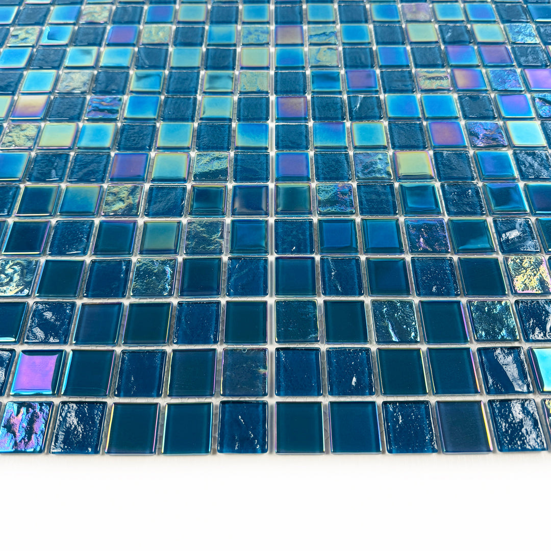 Lustre Flow Pine Green & Sapphire Blue Iridescent Mixed Wave Pattern Crystal Glass Mosaic