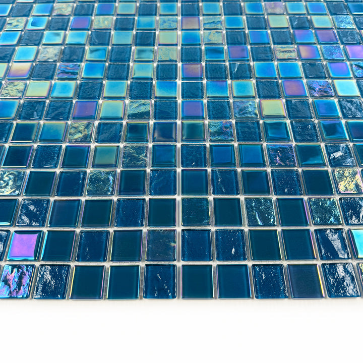 Lustre Flow Pine Green & Sapphire Blue Iridescent Mixed Wave Pattern Crystal Glass Mosaic