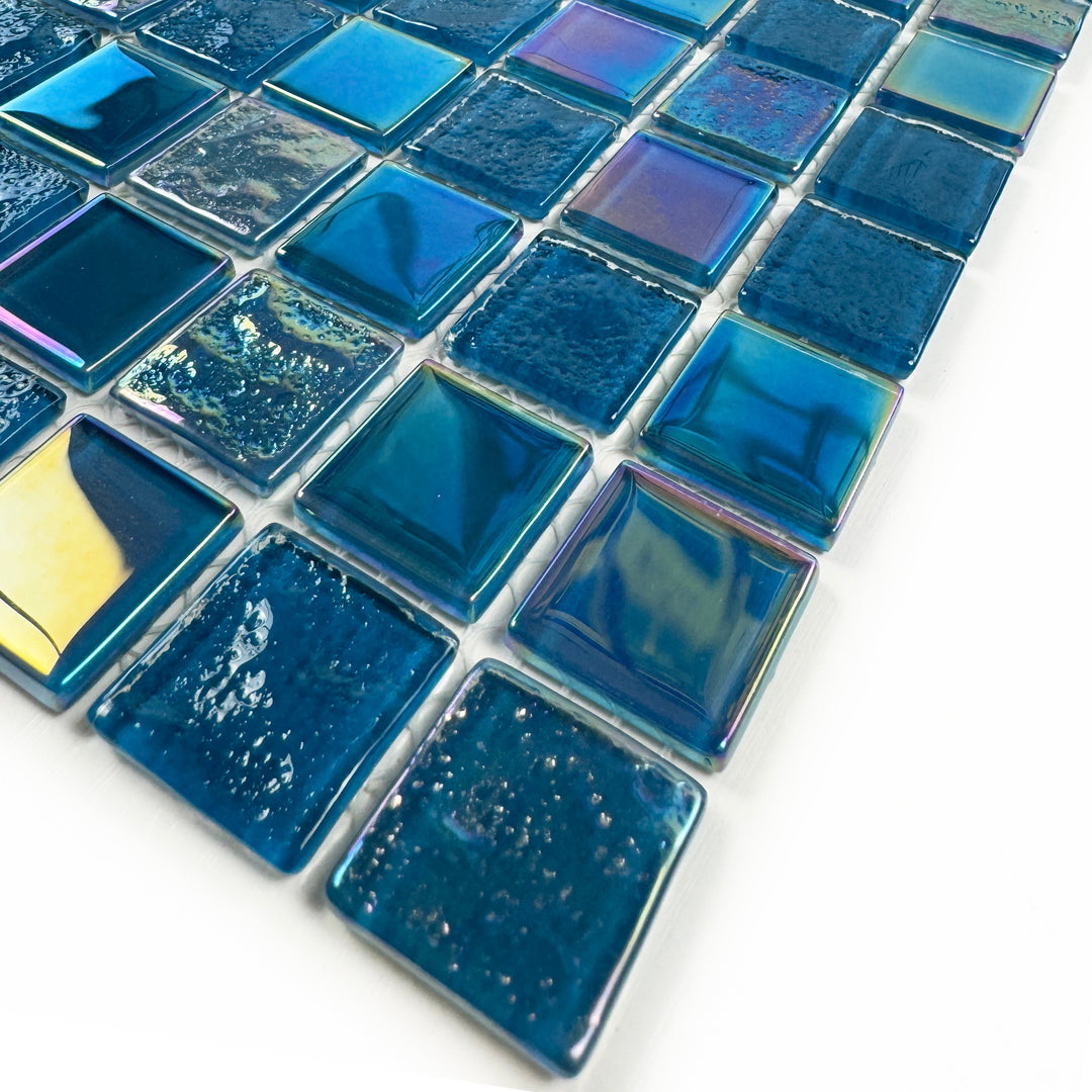 Lustre Flow Pine Green & Sapphire Blue Iridescent Mixed Wave Pattern Crystal Glass Mosaic