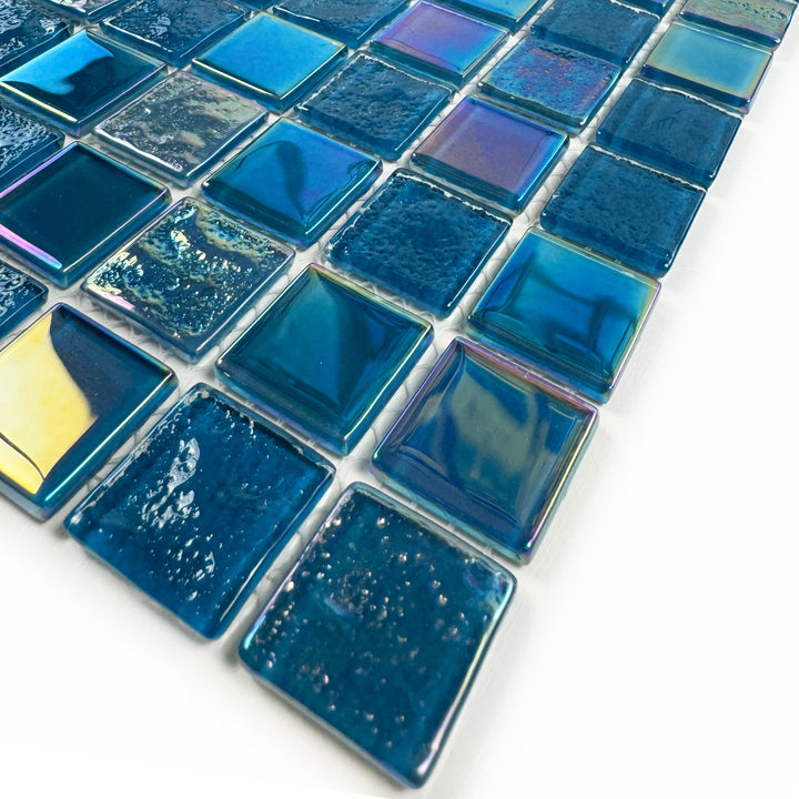 Lustre Flow Pine Green & Sapphire Blue Iridescent Mixed Wave Pattern Crystal Glass Mosaic