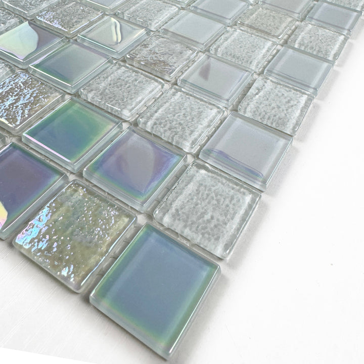 Lustre Flow White Iridescent Mixed Wave Pattern Crystal Glass Mosaic