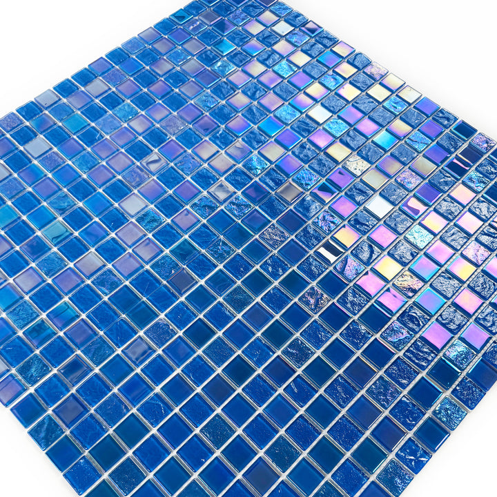 Lustre Flow French Blue & Oriental Blue Iridescent Mixed Wave Pattern Crystal Glass Mosaic