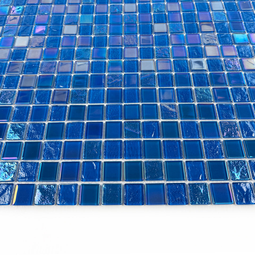 Lustre Flow French Blue & Oriental Blue Iridescent Mixed Wave Pattern Crystal Glass Mosaic