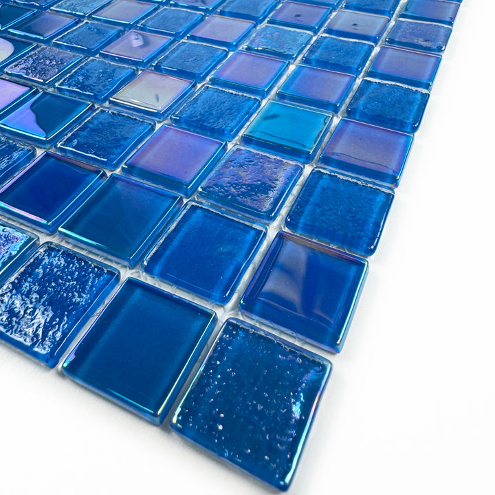 Lustre Flow French Blue & Oriental Blue Iridescent Mixed Wave Pattern Crystal Glass Mosaic