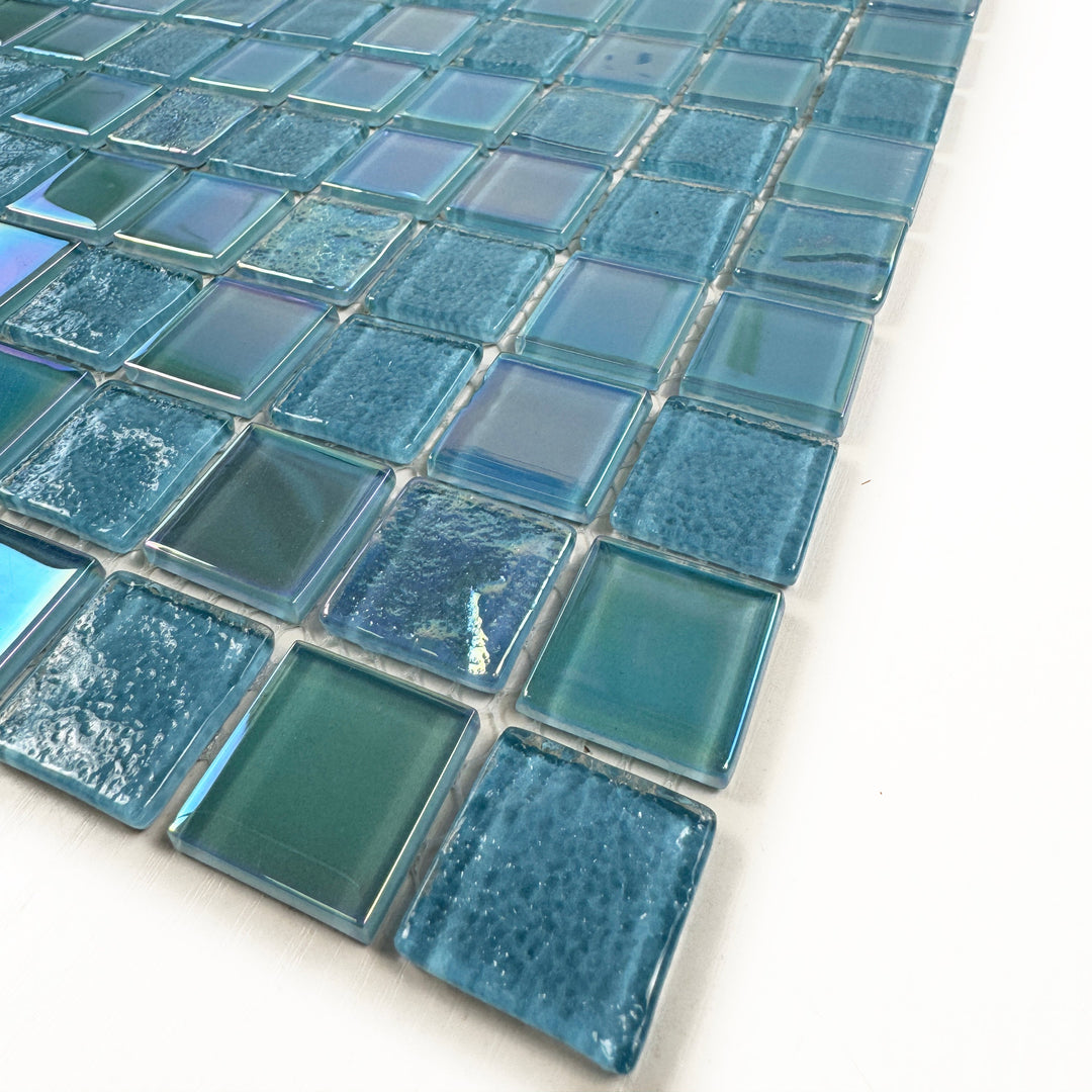 Lustre Flow Jungle Green & Moss Green Iridescent Mixed Wave Pattern Crystal Glass Mosaic