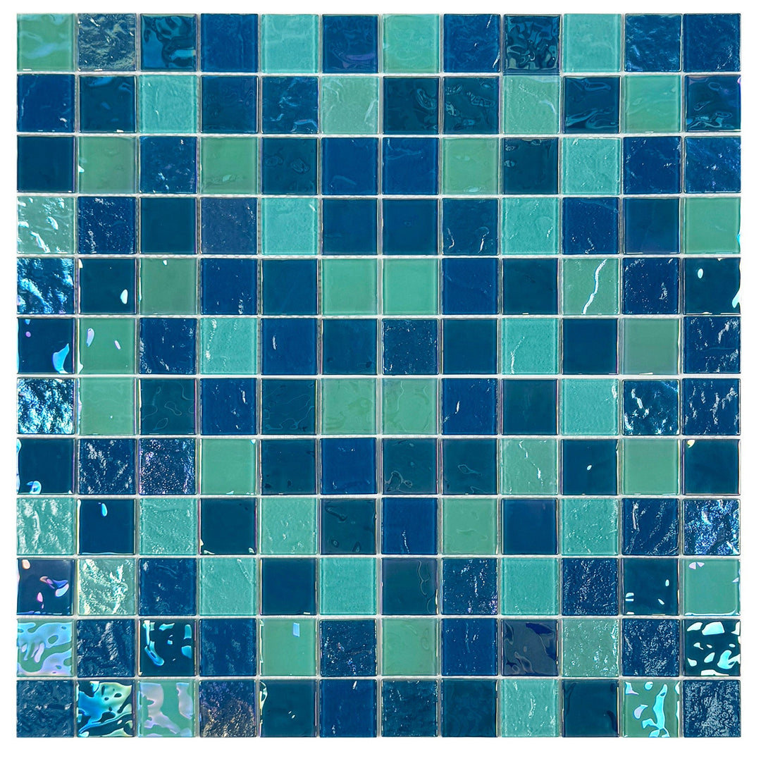Lustre Flow Pine Green & Sapphire Blue Iridescent Mixed Wave Pattern Crystal Glass Mosaic