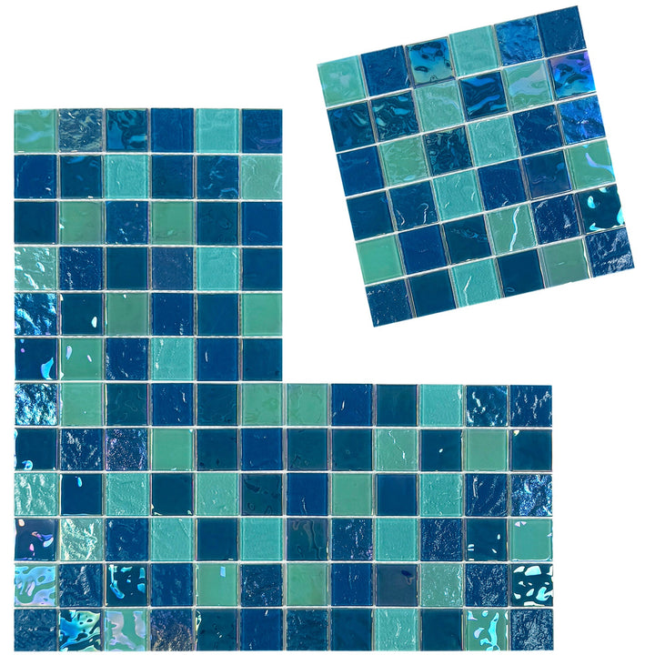 Lustre Flow Pine Green & Sapphire Blue Iridescent Mixed Wave Pattern Crystal Glass Mosaic