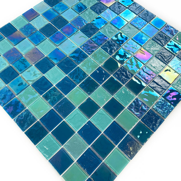 Lustre Flow Pine Green & Sapphire Blue Iridescent Mixed Wave Pattern Crystal Glass Mosaic