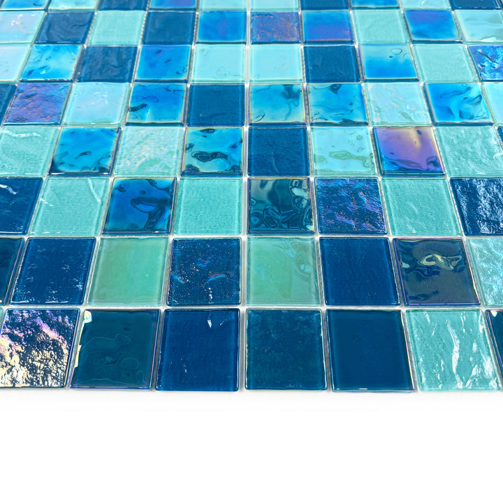 Lustre Flow Pine Green & Sapphire Blue Iridescent Mixed Wave Pattern Crystal Glass Mosaic