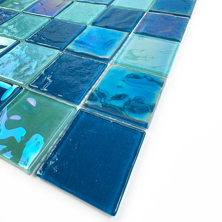 Lustre Flow Pine Green & Sapphire Blue Iridescent Mixed Wave Pattern Crystal Glass Mosaic