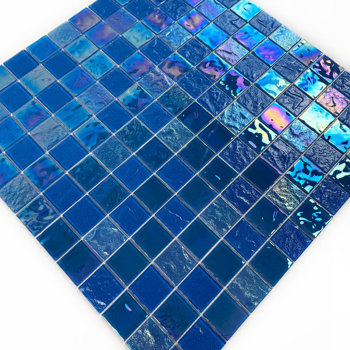 Lustre Flow Light Blue Iridescent Mixed Wave Pattern Crystal Glass Mosaic