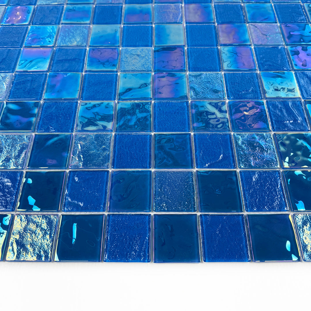 Lustre Flow Light Blue Iridescent Mixed Wave Pattern Crystal Glass Mosaic