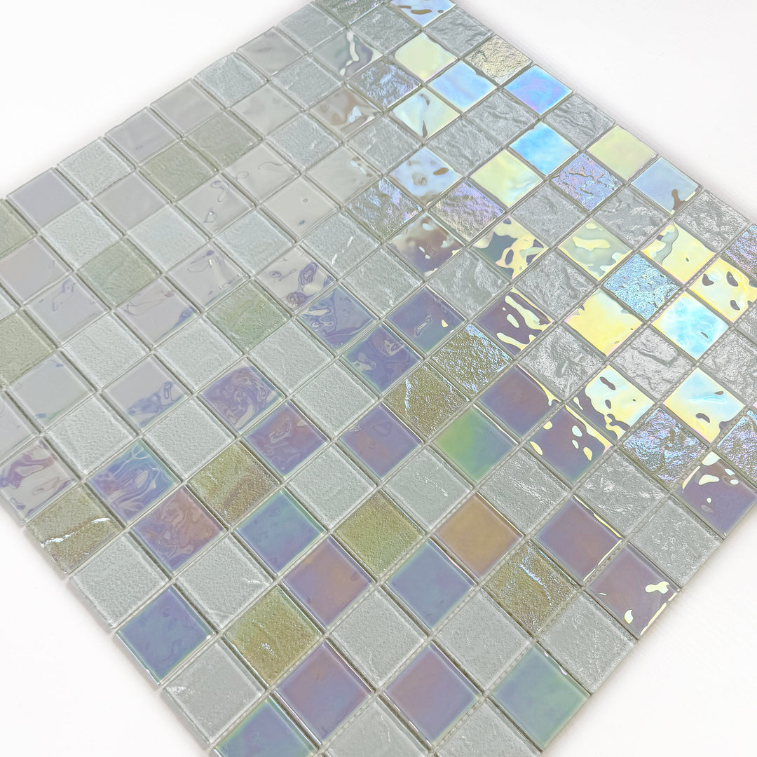 Lustre Flow White Iridescent Mixed Wave Pattern Crystal Glass Mosaic