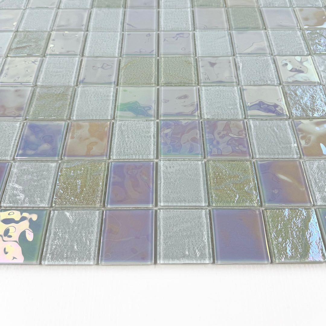 Lustre Flow White Iridescent Mixed Wave Pattern Crystal Glass Mosaic