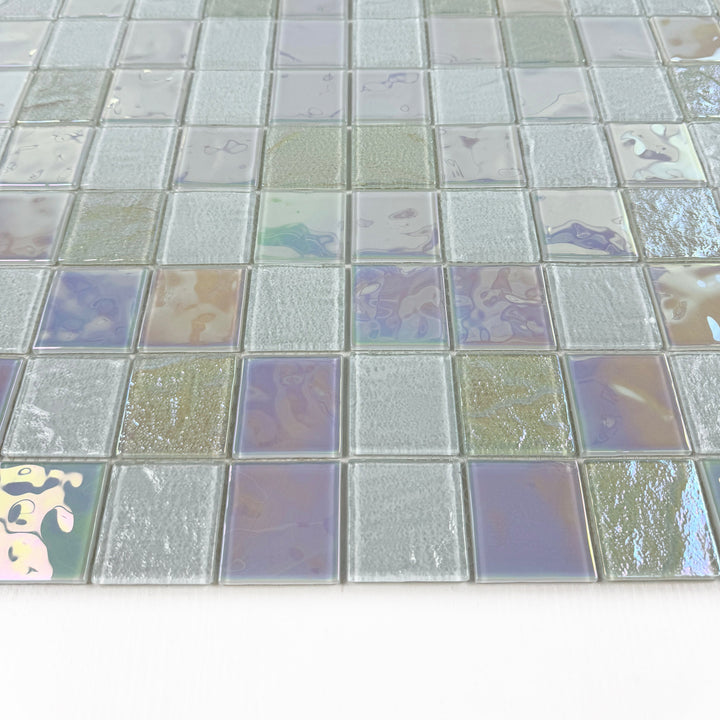 Lustre Flow White Iridescent Mixed Wave Pattern Crystal Glass Mosaic