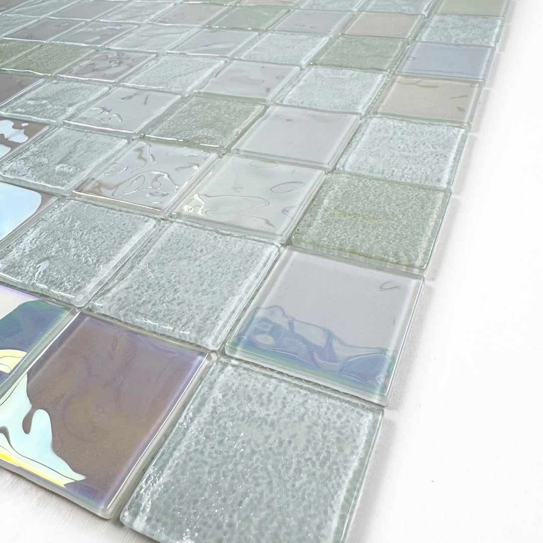 Lustre Flow White Iridescent Mixed Wave Pattern Crystal Glass Mosaic