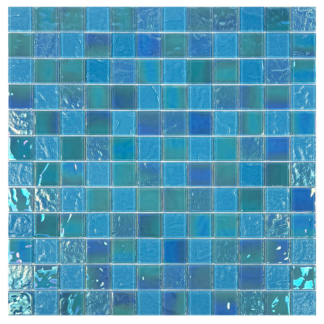 Lustre Flow Jungle Green & Moss Green Iridescent Mixed Wave Pattern Crystal Glass Mosaic