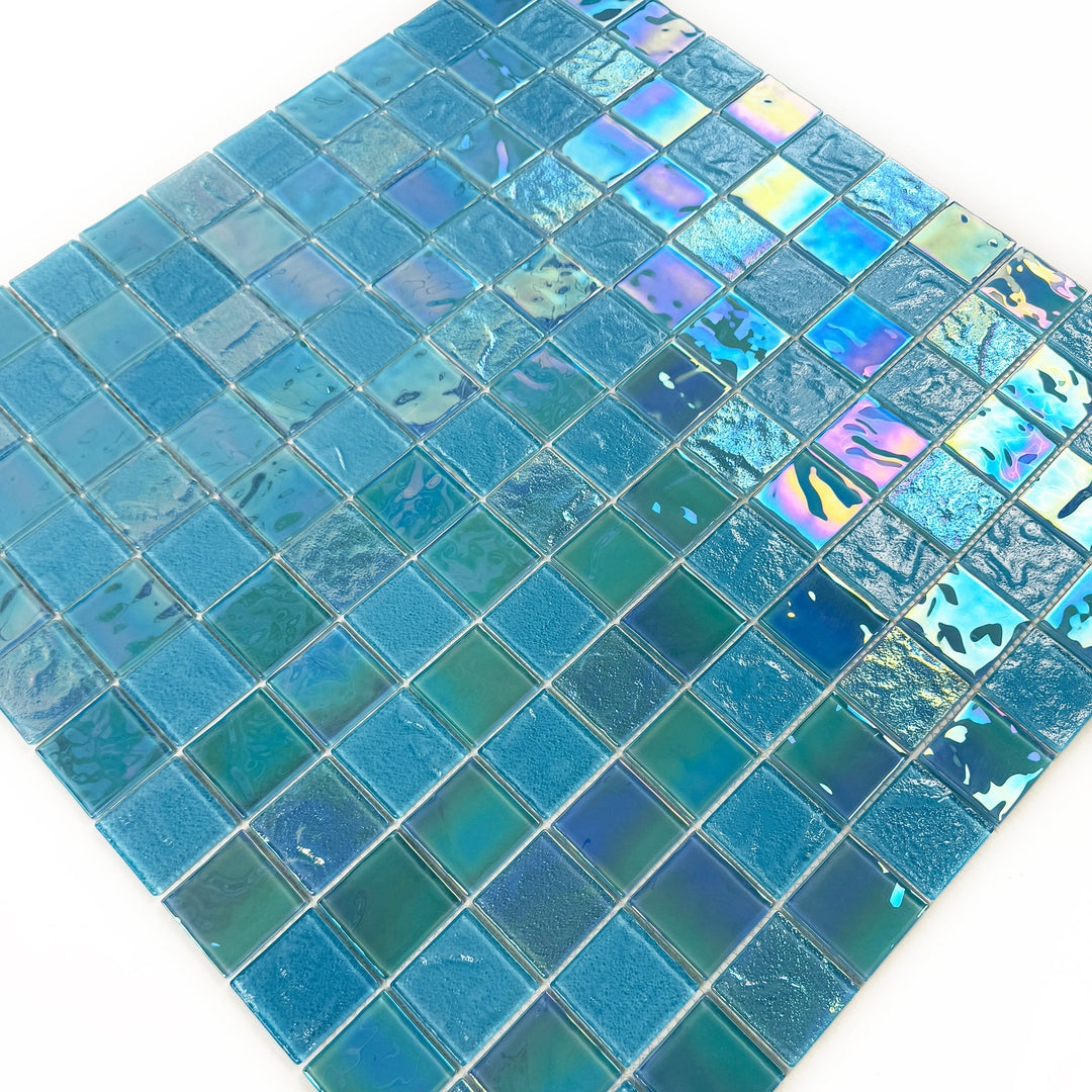 Lustre Flow Jungle Green & Moss Green Iridescent Mixed Wave Pattern Crystal Glass Mosaic