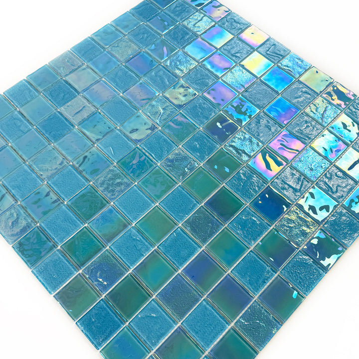 Lustre Flow Jungle Green & Moss Green Iridescent Mixed Wave Pattern Crystal Glass Mosaic