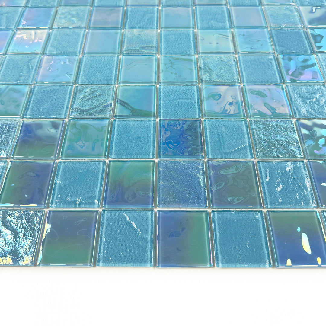 Lustre Flow Jungle Green & Moss Green Iridescent Mixed Wave Pattern Crystal Glass Mosaic