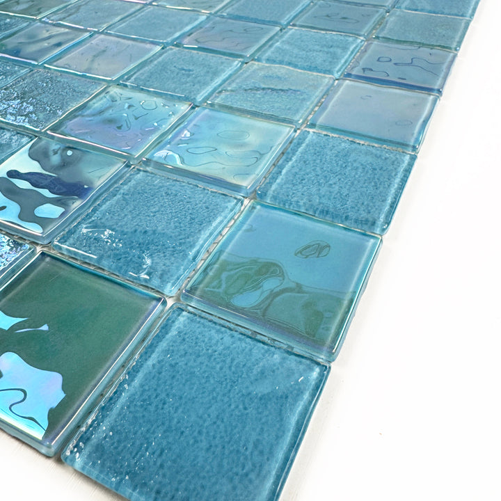 Lustre Flow Jungle Green & Moss Green Iridescent Mixed Wave Pattern Crystal Glass Mosaic