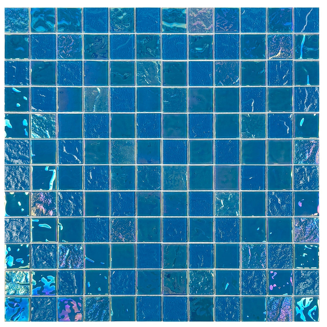 Lustre Flow Sky Blue Iridescent Mixed Wave Pattern Crystal Glass Mosaic