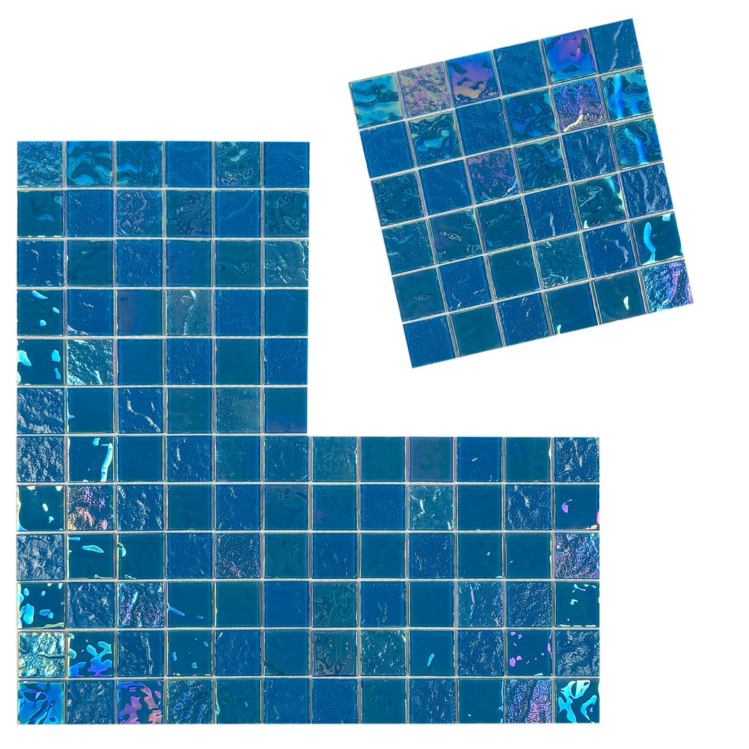 Lustre Flow Sky Blue Iridescent Mixed Wave Pattern Crystal Glass Mosaic