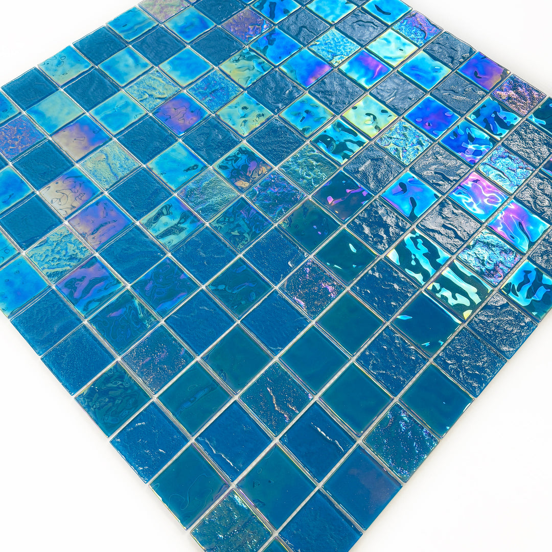 Lustre Flow Sky Blue Iridescent Mixed Wave Pattern Crystal Glass Mosaic