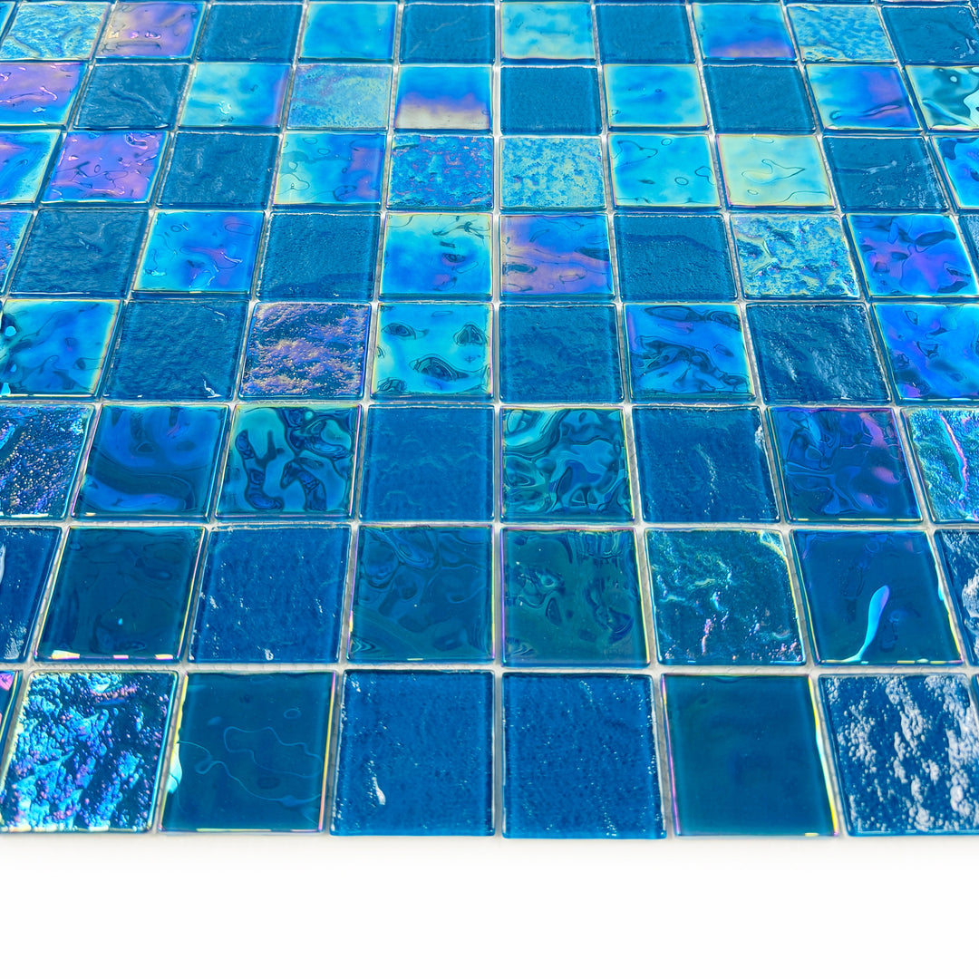 Lustre Flow Sky Blue Iridescent Mixed Wave Pattern Crystal Glass Mosaic