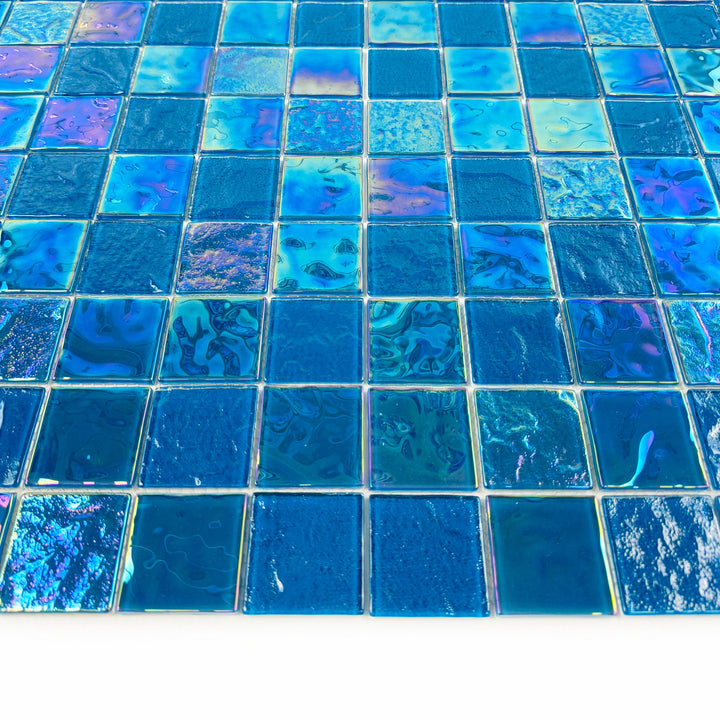Lustre Flow Sky Blue Iridescent Mixed Wave Pattern Crystal Glass Mosaic