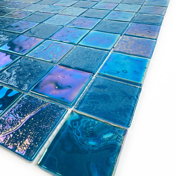 Lustre Flow Sky Blue Iridescent Mixed Wave Pattern Crystal Glass Mosaic