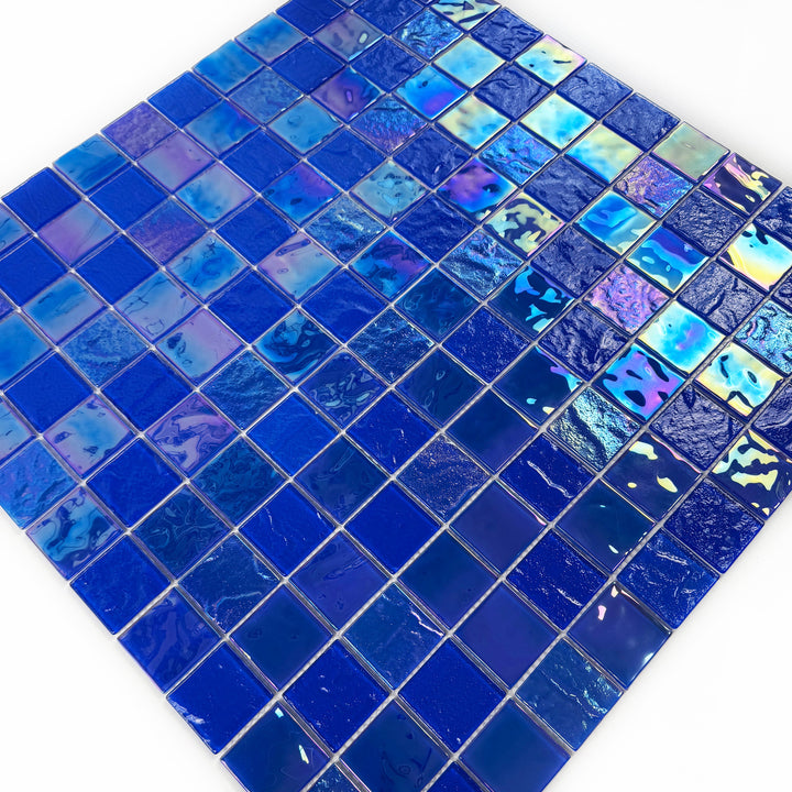 Lustre Flow Klein Blue Iridescent Mixed Wave Pattern Crystal Glass Mosaic