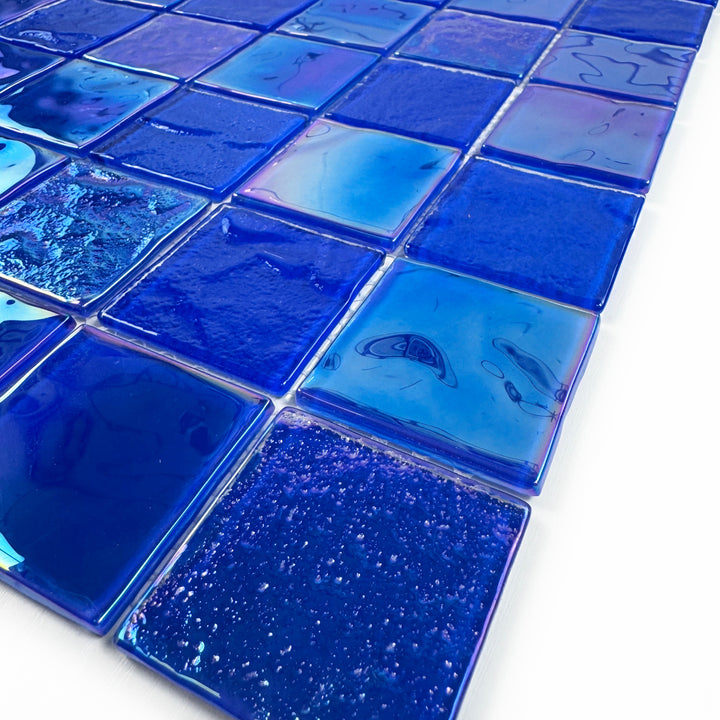 Lustre Flow Klein Blue Iridescent Mixed Wave Pattern Crystal Glass Mosaic