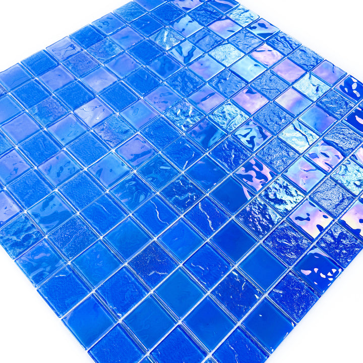 Lustre Flow French Blue Iridescent Mixed Wave Pattern Crystal Glass Mosaic