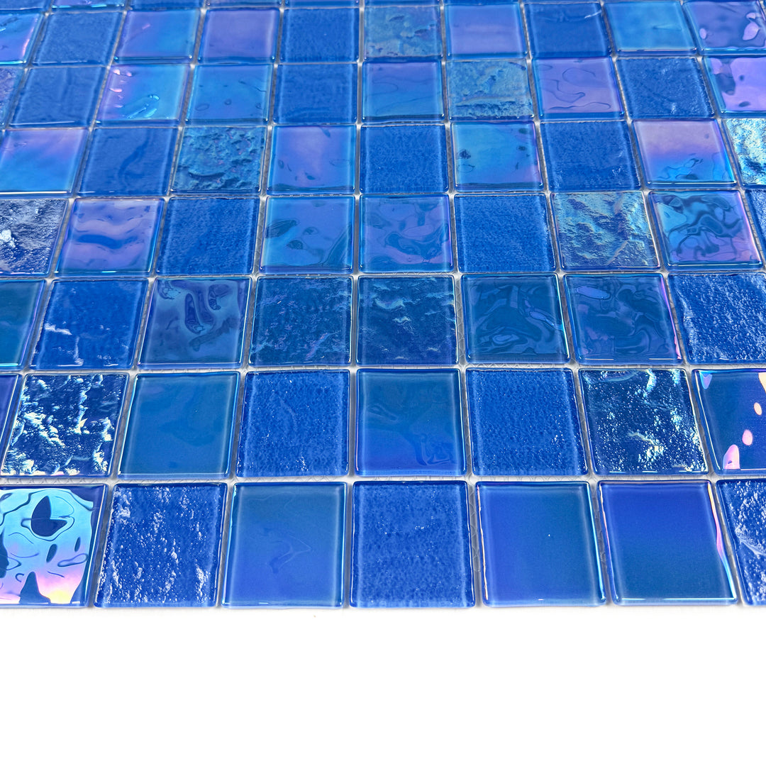 Lustre Flow French Blue Iridescent Mixed Wave Pattern Crystal Glass Mosaic