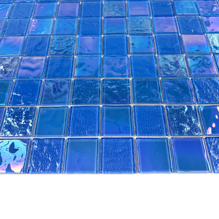Lustre Flow French Blue Iridescent Mixed Wave Pattern Crystal Glass Mosaic