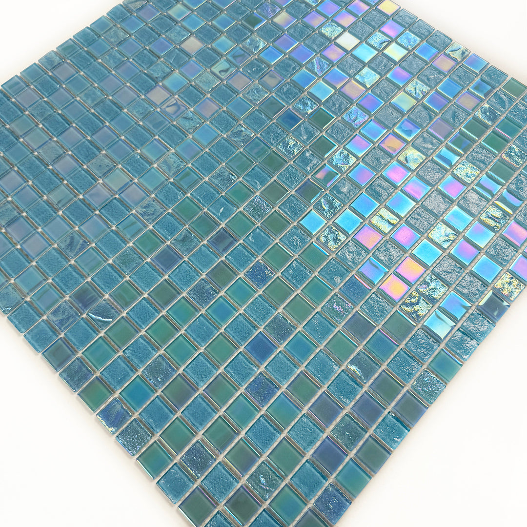 Lustre Flow Sky Blue & Nile Blue Iridescent Mixed Wave Pattern Crystal Glass Mosaic