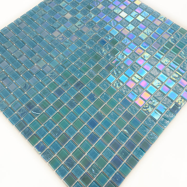 Lustre Flow Sky Blue & Nile Blue Iridescent Mixed Wave Pattern Crystal Glass Mosaic