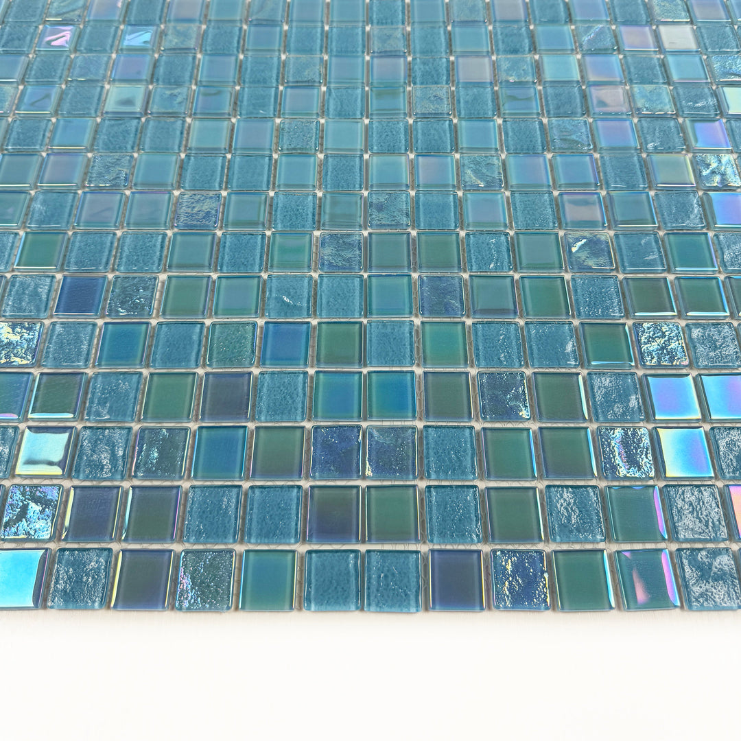 Lustre Flow Sky Blue & Nile Blue Iridescent Mixed Wave Pattern Crystal Glass Mosaic