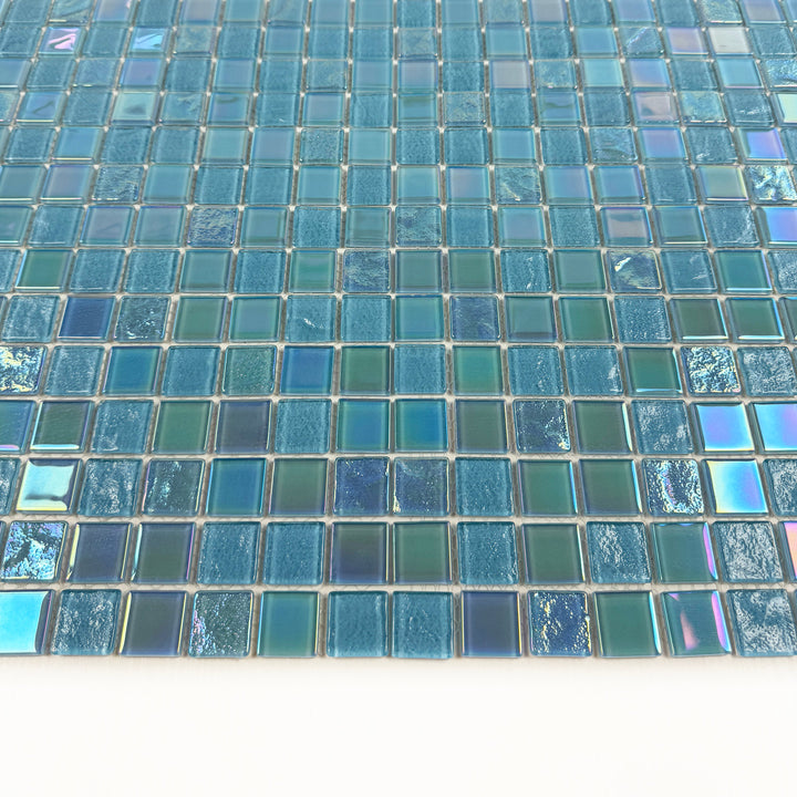 Lustre Flow Sky Blue & Nile Blue Iridescent Mixed Wave Pattern Crystal Glass Mosaic