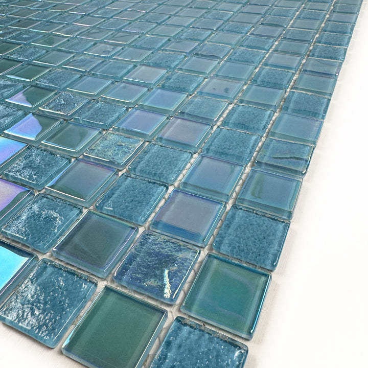 Lustre Flow Sky Blue & Nile Blue Iridescent Mixed Wave Pattern Crystal Glass Mosaic